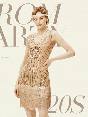 Flapper Dress Gold/Champagne, Fringe & Sequins Large